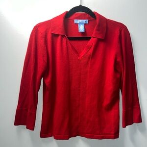 Evan Picone Medium quarter-sleeve with slits red sweater, v-neck, collar, fall